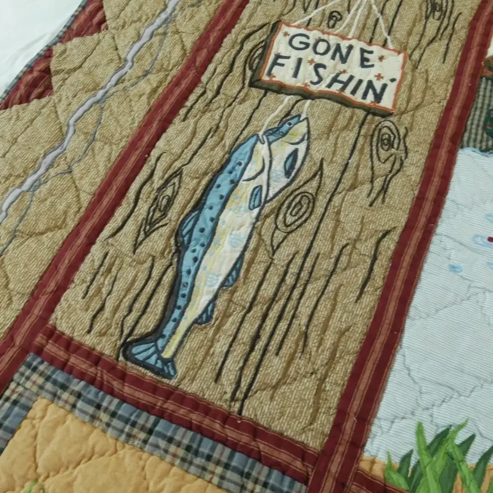 Vintage Applique‎ Fishing Quilt Man Cave Cabin Outdoor Novelty Patch Magic 58x49